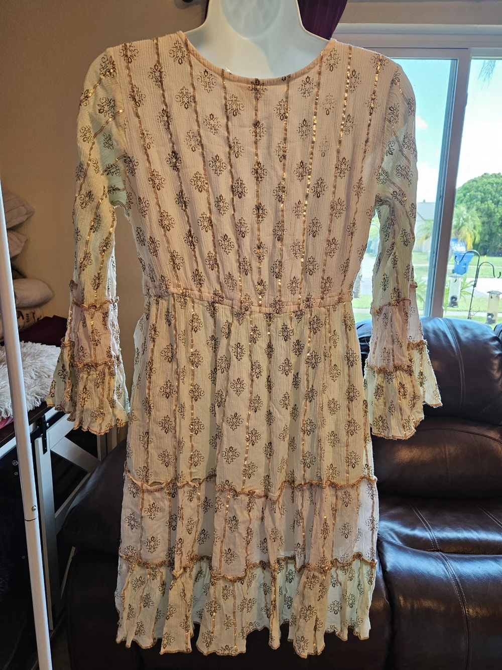 Ananta Boho Tiered Floral V-Neck Dress in Cream and Blush